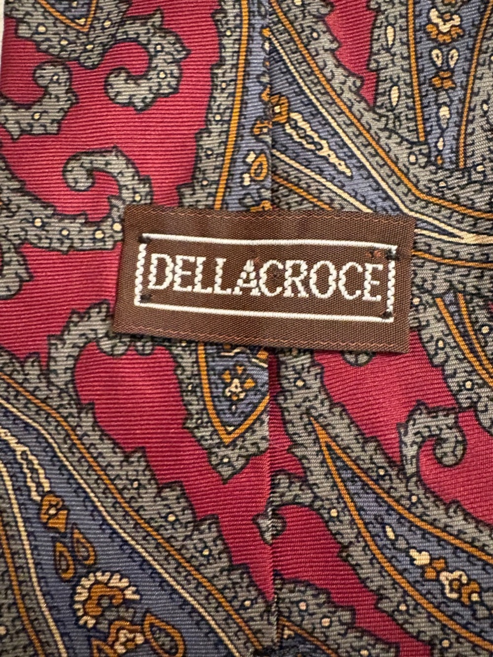 Della Croce Vintage 100% Silk Paisley Tie Red Burgundy Blue Retro